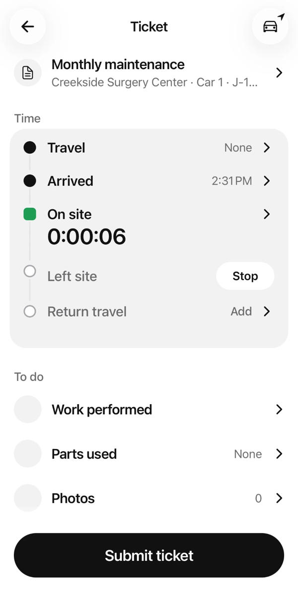 Zip CRM ticket showing Arrived 2:31 PM and the on-site clock running, with Stop and Submit ticket buttons