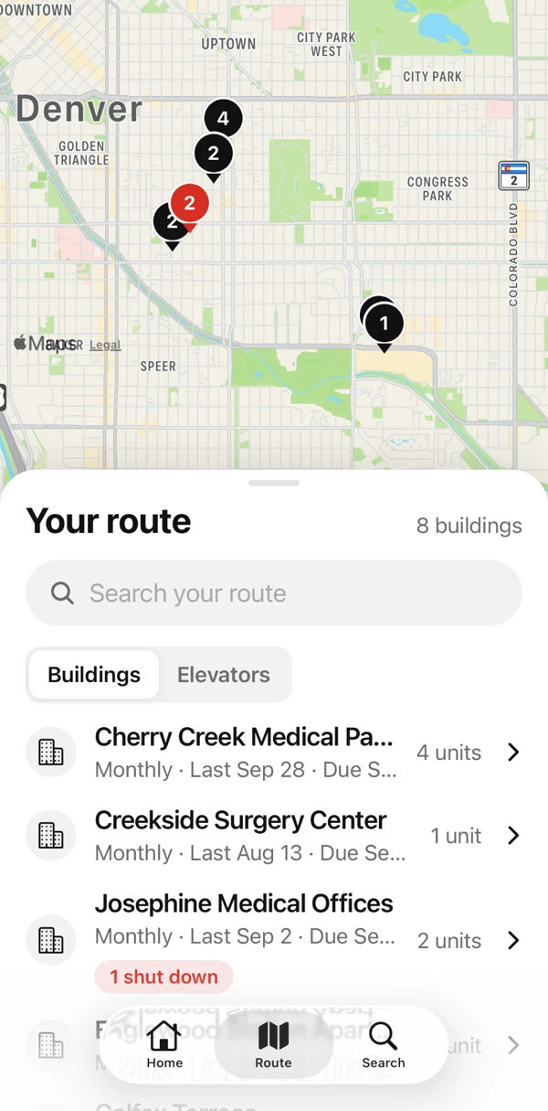 Zip CRM route map showing today's buildings in Denver with a list of buildings, units, and due dates