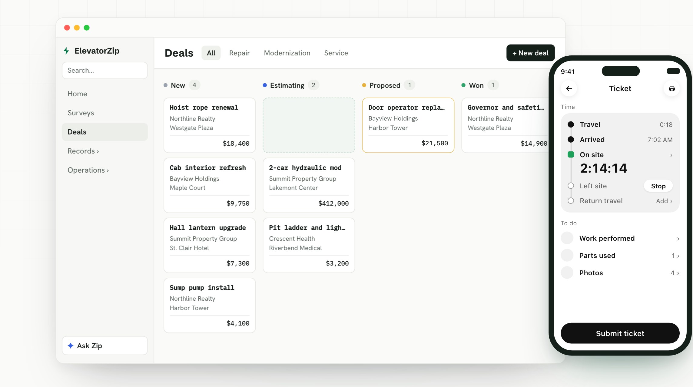 Zip OS Deals board with repair and modernization deals in New, Estimating, Proposed, and Won, next to a mechanic's phone with a time ticket running