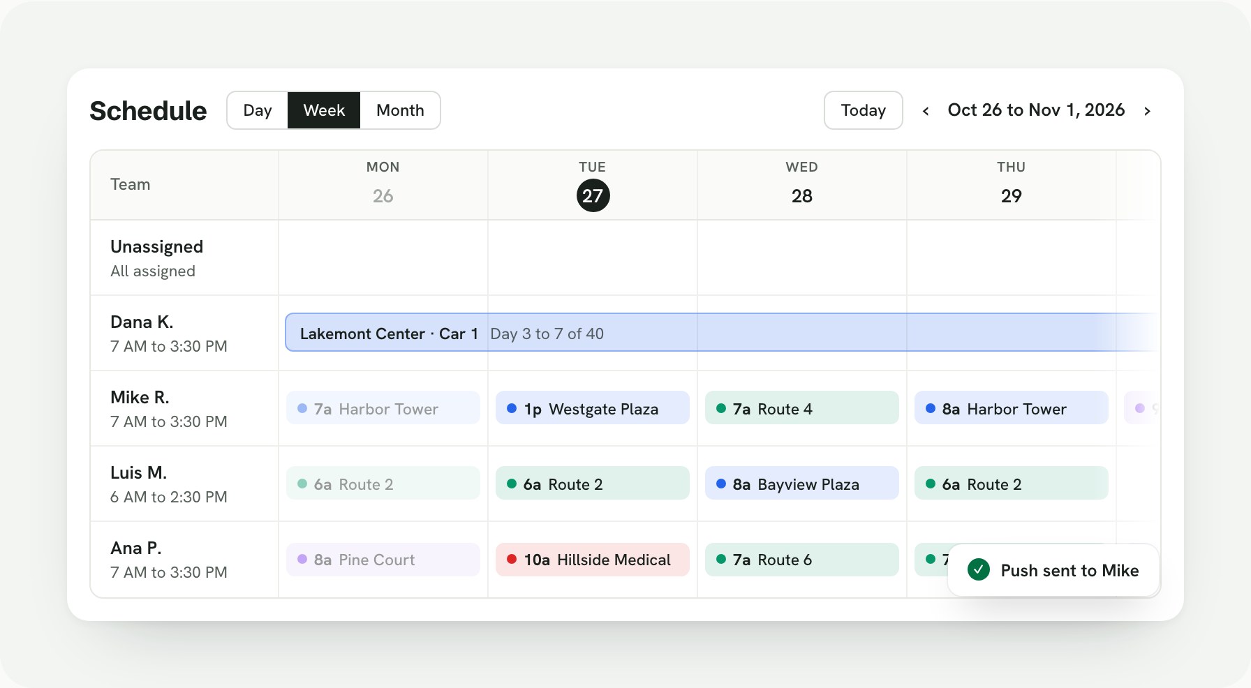 Zip OS schedule in Week view with mechanics' routes and building visits by day, a multi-day job on Lakemont Center Car 1, and a confirmation that a push was sent to the mechanic