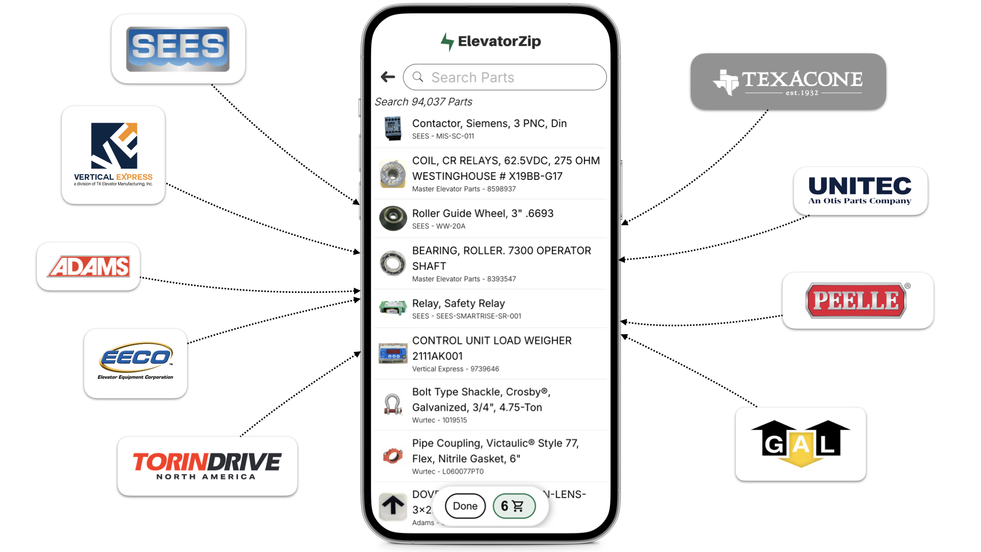 Searching the ElevatorZip parts catalog — mechanics find any of 10 million+ elevator parts by name, number, or camera scan