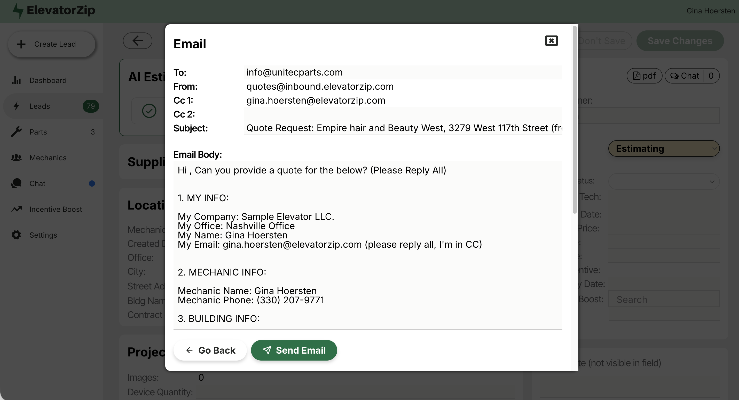 Auto-compiled supplier quote request — field data, parts, photos, and specs compiled into a ready-to-send supplier email