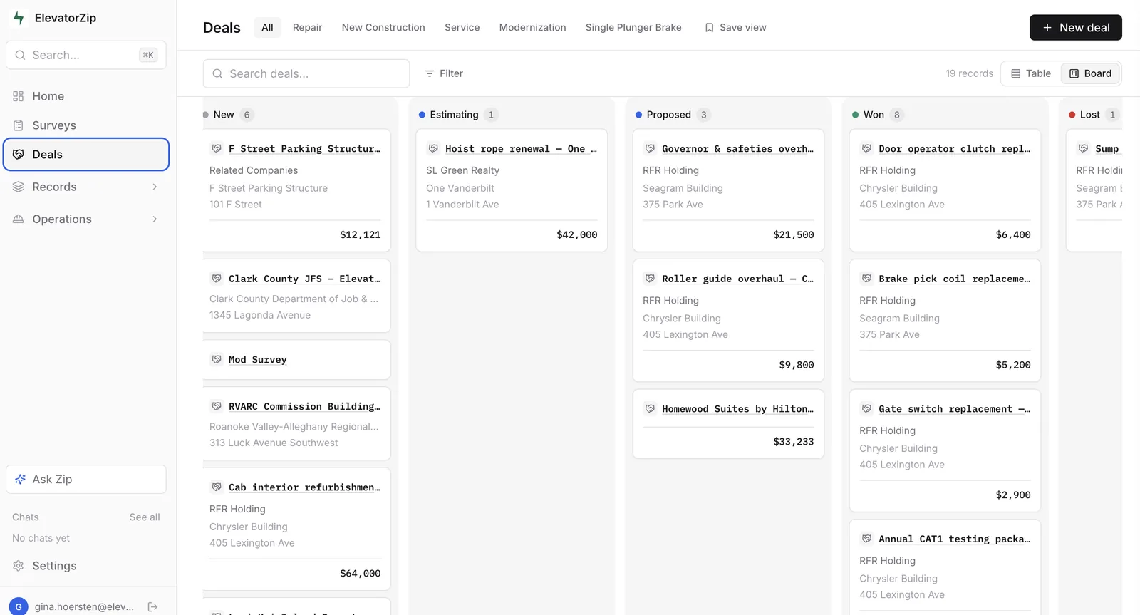 ElevatorZip Zip CRM deals pipeline on desktop, with the mobile app in the field