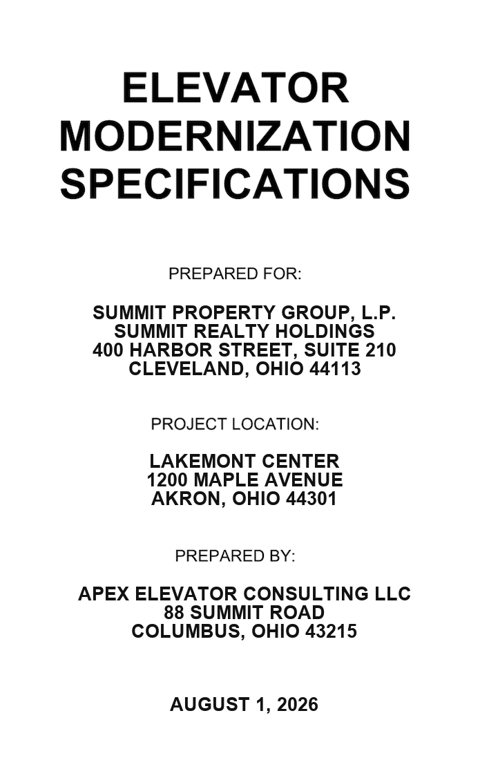 A consultant modernization spec read into scope lines: controller, door operator, door sills, buffers