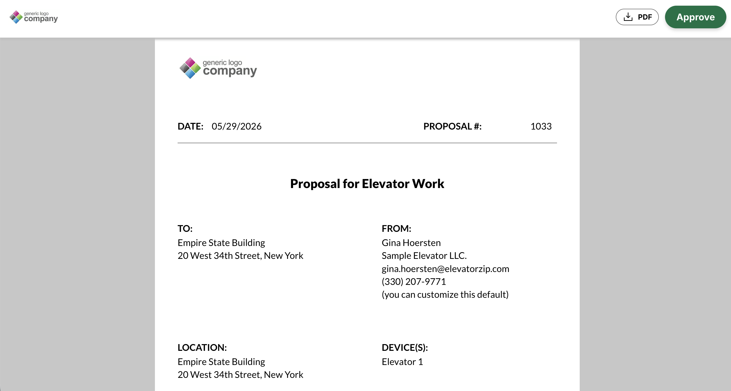 Branded elevator repair proposal — generated in one click and ready for customer e-signature